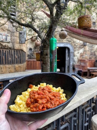 Vegan “Meat” Marinara and Pasta at Docking Bay 7 Food and Cargo in Star Wars Galaxy’s Edge