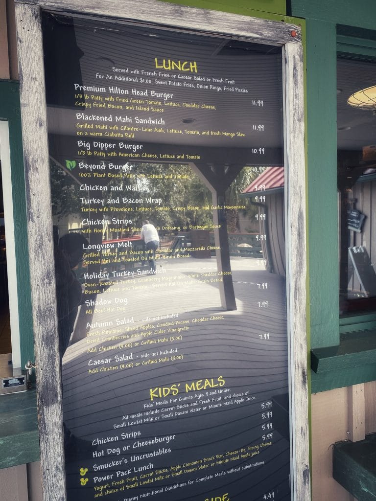 Disney's Hilton Head Island Tide Me Over lunch menu