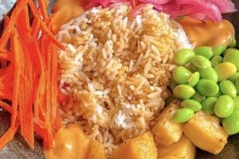 vegan poke bowl Three Bridges Bar & Grill