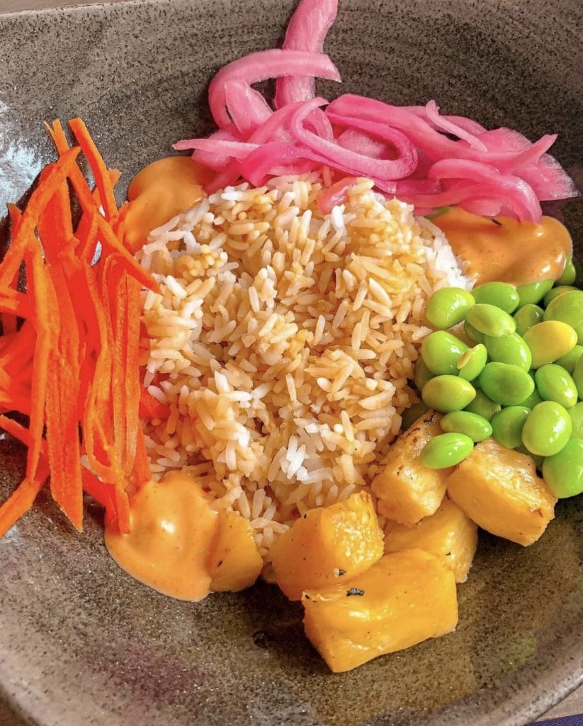 vegan poke bowl Three Bridges Bar & Grill