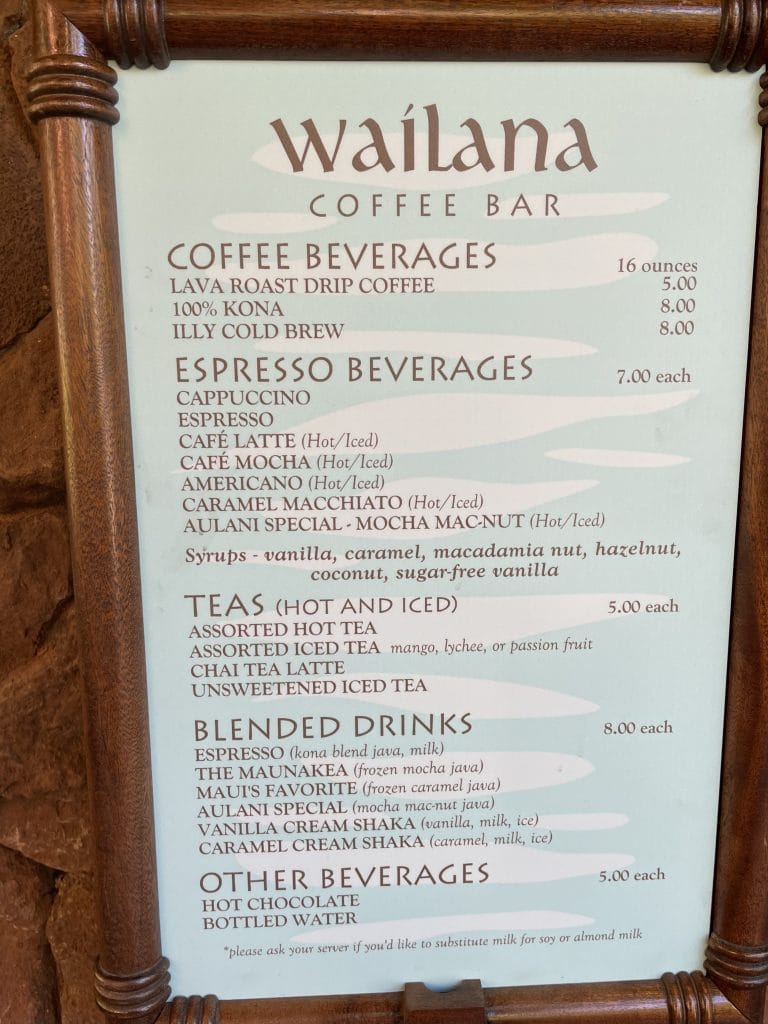 Wailana Coffee Bar menu Aulani