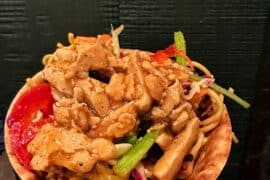 Vegan Soba Noodle Waffle Bowl with plant-based chicken