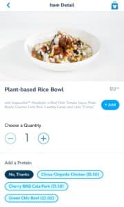 Plant-based vegan rice bowl Impossible Meatballs Pecos Bill