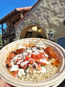 Plant-based vegan rice bowl Impossible Meatballs Pecos Bill Review