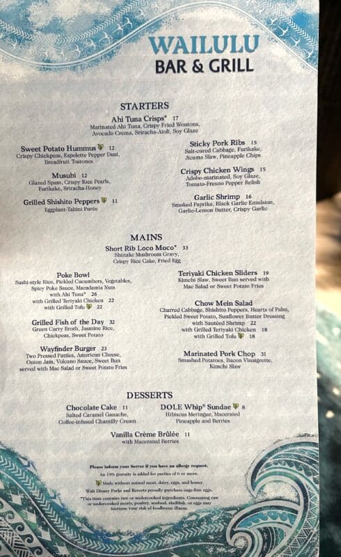 Wailulu Bar and Grill Menu