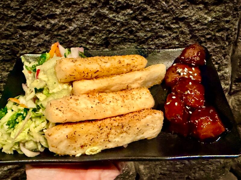 vegan beef tips yuca fries Trader Sams