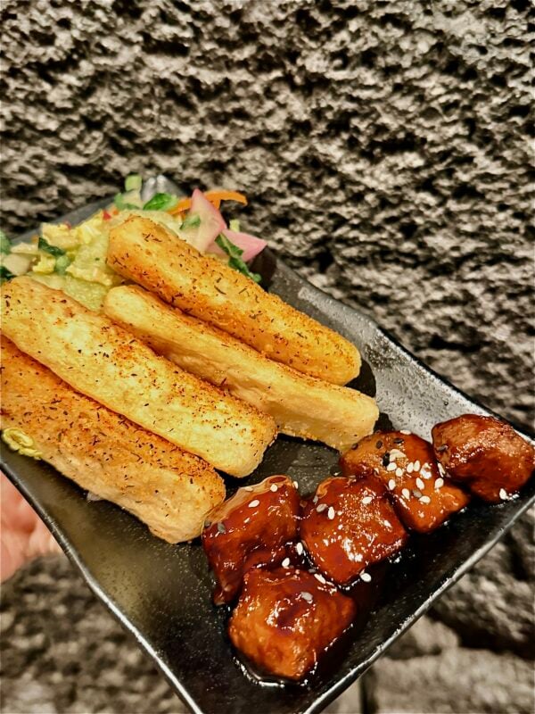vegan beef tips yuca fries Trader Sams